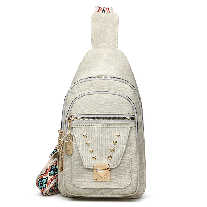 PU kožená chest bag crossbody s kovovými nitmi, viacero priehradok: vrecko na telefón, vrecko na dokumenty, priehradka so zipsom, ANCHI