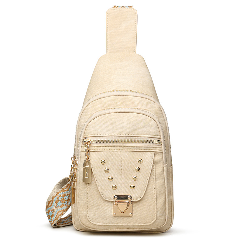 PU kožená chest bag crossbody s kovovými nitmi, viacero priehradok: vrecko na telefón, vrecko na dokumenty, priehradka so zipsom, ANCHI