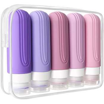 Комплект от 5 силиконови дозиращи бутилки – 90 ml капацитет, подходящи за пътуване, за шампоан, душ гел и лосион