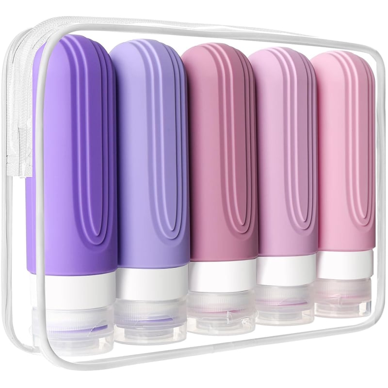 Комплект от 5 силиконови дозиращи бутилки – 90 ml капацитет, подходящи за пътуване, за шампоан, душ гел и лосион