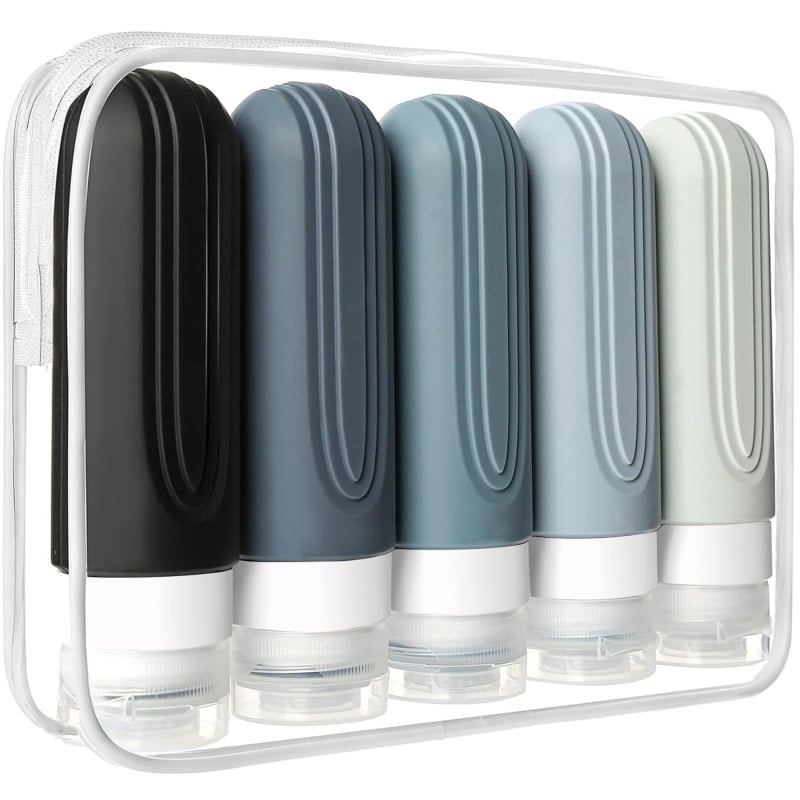 Комплект от 5 силиконови дозиращи бутилки – 90 ml капацитет, подходящи за пътуване, за шампоан, душ гел и лосион