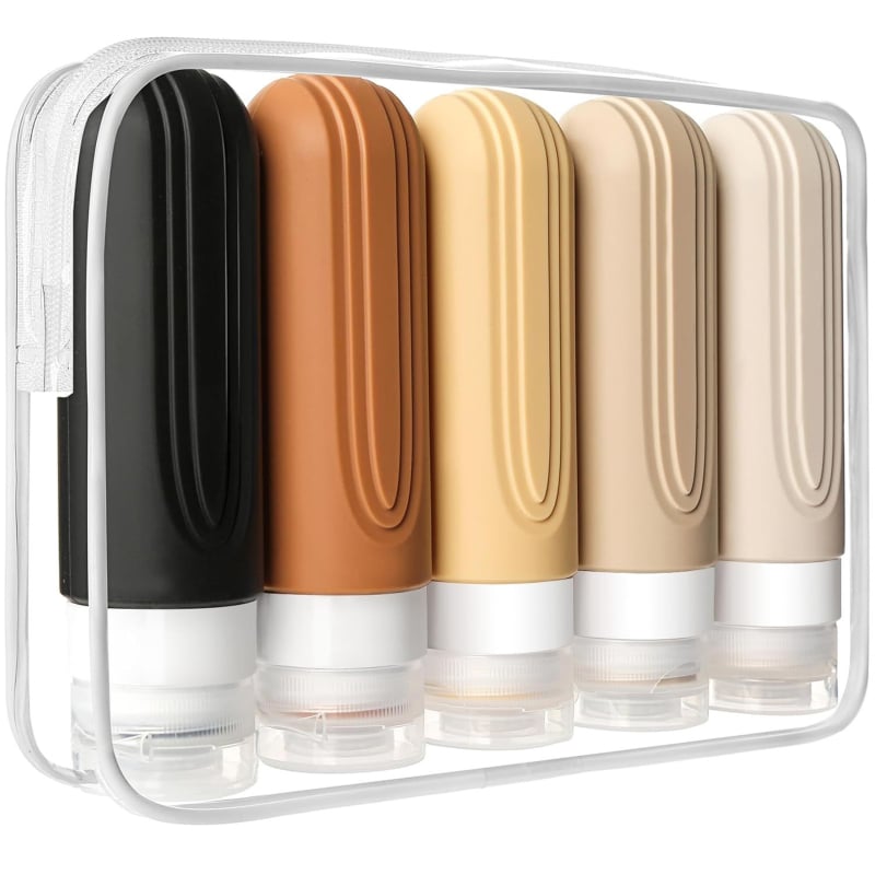 Комплект от 5 силиконови дозиращи бутилки – 90 ml капацитет, подходящи за пътуване, за шампоан, душ гел и лосион