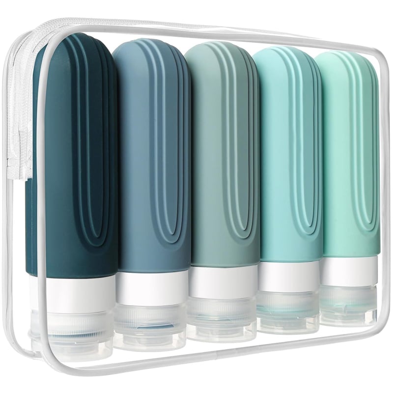 Комплект от 5 силиконови дозиращи бутилки – 90 ml капацитет, подходящи за пътуване, за шампоан, душ гел и лосион