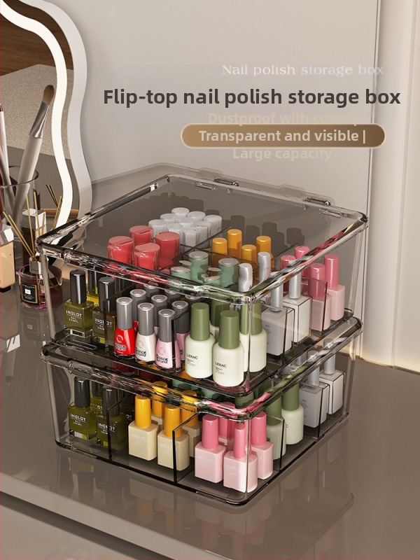 Box na uskladnenie lakov na nechty, PET, stolný, 18 L kapacita, prachotesný s viečkom, pohyblivý a skladateľný, viac priehradok
