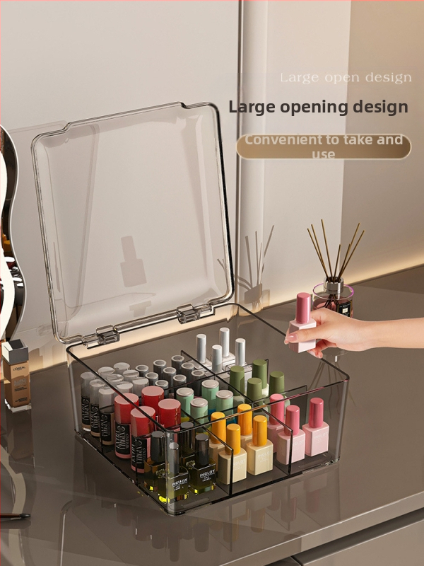 Box na uskladnenie lakov na nechty, PET, stolný, 18 L kapacita, prachotesný s viečkom, pohyblivý a skladateľný, viac priehradok