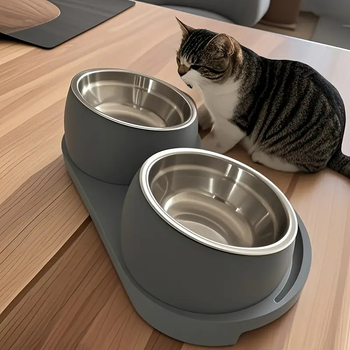 Πιάτο φαγητού κατοικίδιων με διπλά μπολ από ανοξείδωτο ατσάλι, διαχωρισμός στεγνού–υγρού, κατάλληλο για γάτες και σκύλους