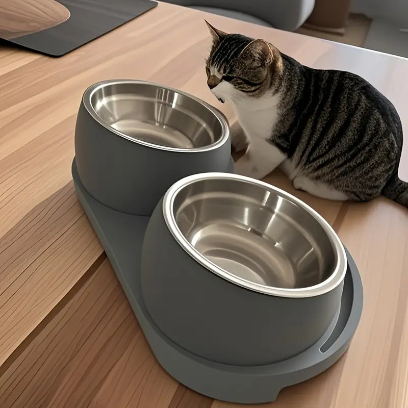 Dupla etetőtál rozsdamentes acélból, száraz–nedves elkülönítés, macskáknak és kutyáknak