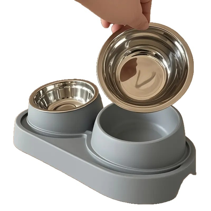 Dupla etetőtál rozsdamentes acélból, száraz–nedves elkülönítés, macskáknak és kutyáknak