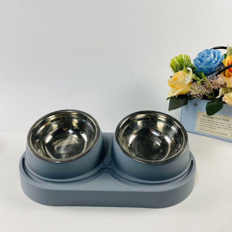 Dupla etetőtál rozsdamentes acélból, száraz–nedves elkülönítés, macskáknak és kutyáknak