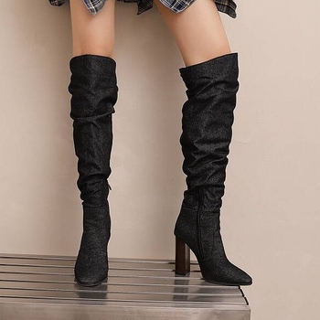 Cizme pentru femei până la genunchi, vârf ascuțit, fermoar lateral, toc gros, PU sintetic, stil britanic