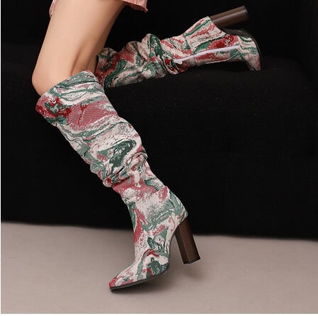 Cizme pentru femei până la genunchi, vârf ascuțit, fermoar lateral, toc gros, PU sintetic, stil britanic