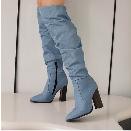 Cizme pentru femei până la genunchi, vârf ascuțit, fermoar lateral, toc gros, PU sintetic, stil britanic