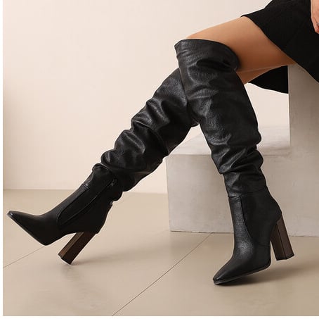 Cizme pentru femei până la genunchi, vârf ascuțit, fermoar lateral, toc gros, PU sintetic, stil britanic