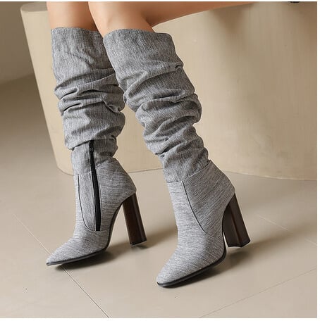Cizme pentru femei până la genunchi, vârf ascuțit, fermoar lateral, toc gros, PU sintetic, stil britanic