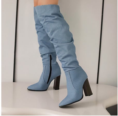 Cizme pentru femei până la genunchi, vârf ascuțit, fermoar lateral, toc gros, PU sintetic, stil britanic