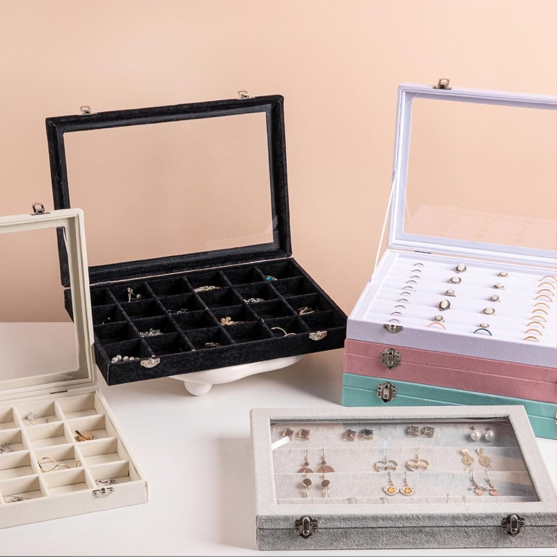 Veľúrová šperkovnica, model H05545, štýl Japonsko a Južná Kórea, tvrdý exteriér, jednoliaty vzor