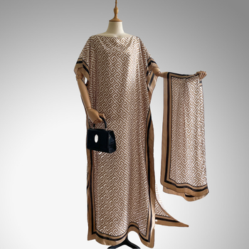 Női hosszú napszűrő blúz-sál geometriai mintával (Anyag: szintetikus selyem; Szövés módja: warp knitting; Mintázat: Geometriai; Feldolgozás: nyomtatás; Stílus: közepes hosszúság)