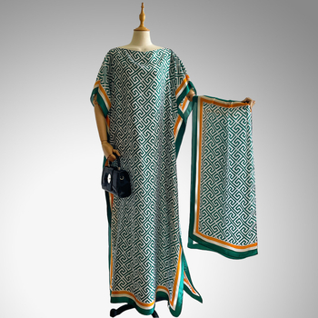 Női hosszú napszűrő blúz-sál geometriai mintával (Anyag: szintetikus selyem; Szövés módja: warp knitting; Mintázat: Geometriai; Feldolgozás: nyomtatás; Stílus: közepes hosszúság)