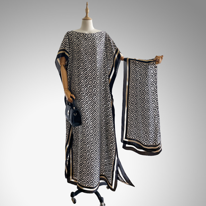 Női hosszú napszűrő blúz-sál geometriai mintával (Anyag: szintetikus selyem; Szövés módja: warp knitting; Mintázat: Geometriai; Feldolgozás: nyomtatás; Stílus: közepes hosszúság)