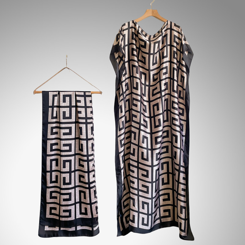 Női hosszú napszűrő blúz-sál geometriai mintával (Anyag: szintetikus selyem; Szövés módja: warp knitting; Mintázat: Geometriai; Feldolgozás: nyomtatás; Stílus: közepes hosszúság)