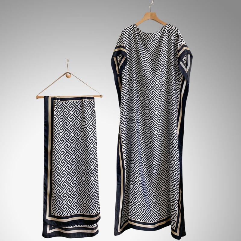 Női hosszú napszűrő blúz-sál geometriai mintával (Anyag: szintetikus selyem; Szövés módja: warp knitting; Mintázat: Geometriai; Feldolgozás: nyomtatás; Stílus: közepes hosszúság)