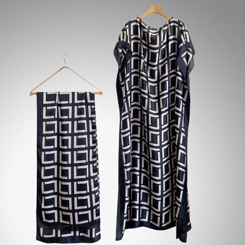 Női hosszú napszűrő blúz-sál geometriai mintával (Anyag: szintetikus selyem; Szövés módja: warp knitting; Mintázat: Geometriai; Feldolgozás: nyomtatás; Stílus: közepes hosszúság)