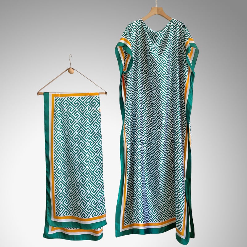 Női hosszú napszűrő blúz-sál geometriai mintával (Anyag: szintetikus selyem; Szövés módja: warp knitting; Mintázat: Geometriai; Feldolgozás: nyomtatás; Stílus: közepes hosszúság)