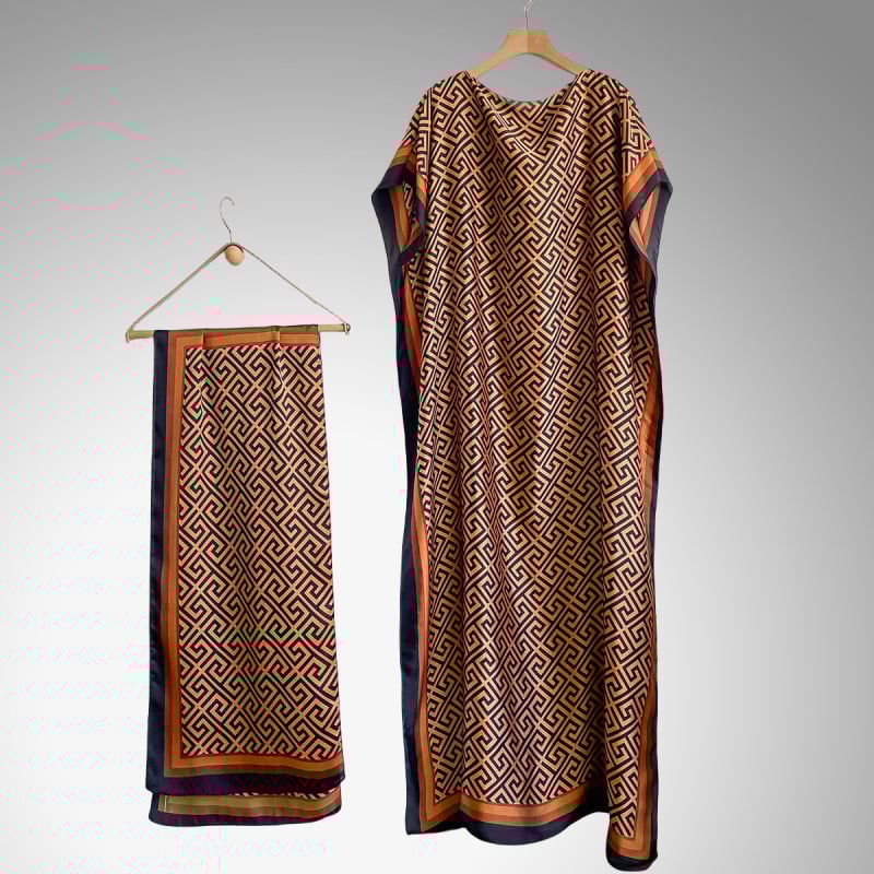 Női hosszú napszűrő blúz-sál geometriai mintával (Anyag: szintetikus selyem; Szövés módja: warp knitting; Mintázat: Geometriai; Feldolgozás: nyomtatás; Stílus: közepes hosszúság)