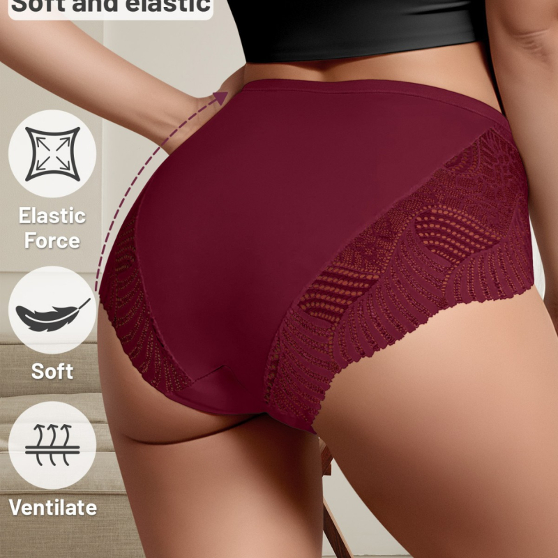 Sieviešu mežģīņu biksītes ar zemāku vidukli - Plus Size, pacēlāums sēžamvietai, elpojošas, ātri žūst, antibakteriālas, adītas no kokvilnas+elastāna, iekšējā oderējuma no kokvilnas