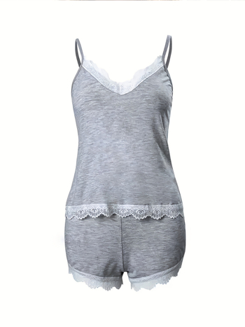 Sieviešu bez piedurknēm nakts komplekts ar adītu mežģīni, Capri bikses, poliestera–spandexa maisījums, vienkrāsains, vasara 2025