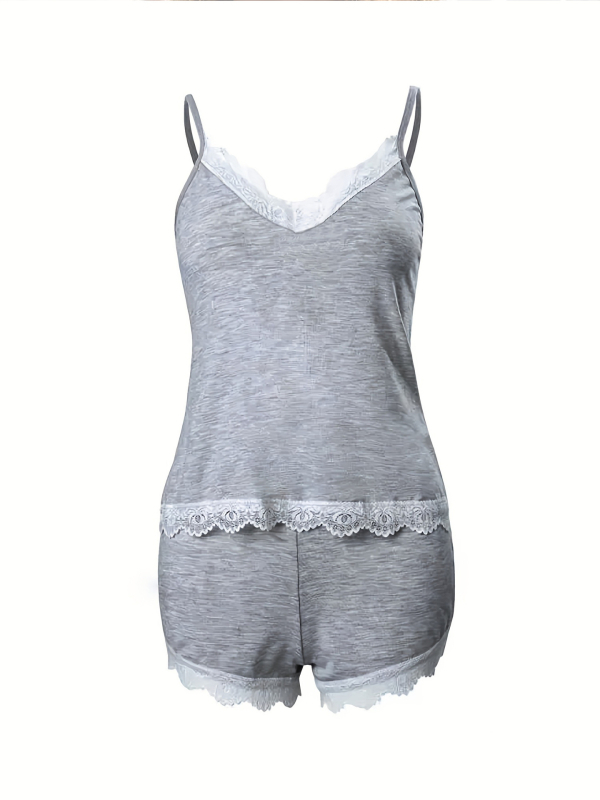 Sieviešu bez piedurknēm nakts komplekts ar adītu mežģīni, Capri bikses, poliestera–spandexa maisījums, vienkrāsains, vasara 2025