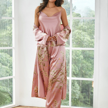 Σετ τριών κομματιών για γυναίκες – Δυτικός στυλ, φλοράλ εκτύπωση, Camisole με V-λαιμό και μακριά παντελόνια, ψευδομεταξωτή ύφανση