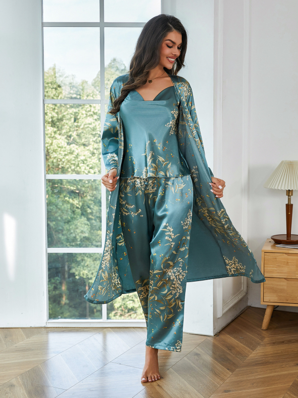 Σετ τριών κομματιών για γυναίκες – Δυτικός στυλ, φλοράλ εκτύπωση, Camisole με V-λαιμό και μακριά παντελόνια, ψευδομεταξωτή ύφανση