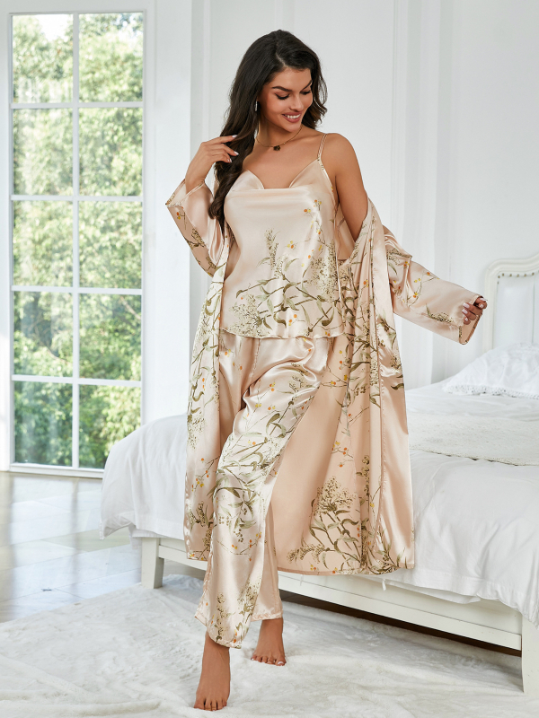 Σετ τριών κομματιών για γυναίκες – Δυτικός στυλ, φλοράλ εκτύπωση, Camisole με V-λαιμό και μακριά παντελόνια, ψευδομεταξωτή ύφανση