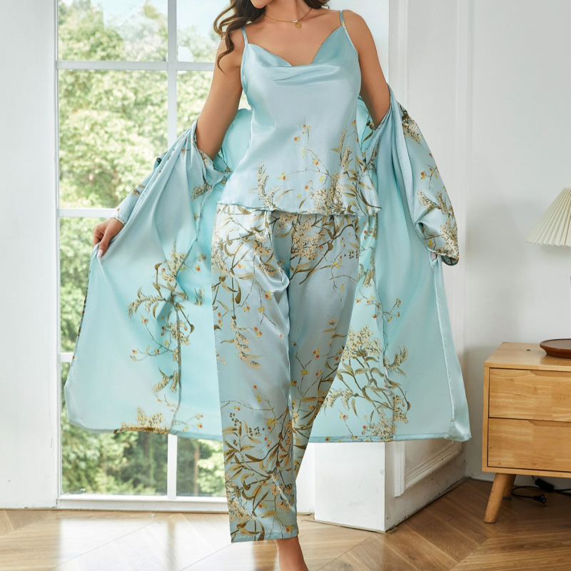 Σετ τριών κομματιών για γυναίκες – Δυτικός στυλ, φλοράλ εκτύπωση, Camisole με V-λαιμό και μακριά παντελόνια, ψευδομεταξωτή ύφανση