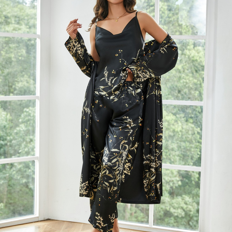 Σετ τριών κομματιών για γυναίκες – Δυτικός στυλ, φλοράλ εκτύπωση, Camisole με V-λαιμό και μακριά παντελόνια, ψευδομεταξωτή ύφανση