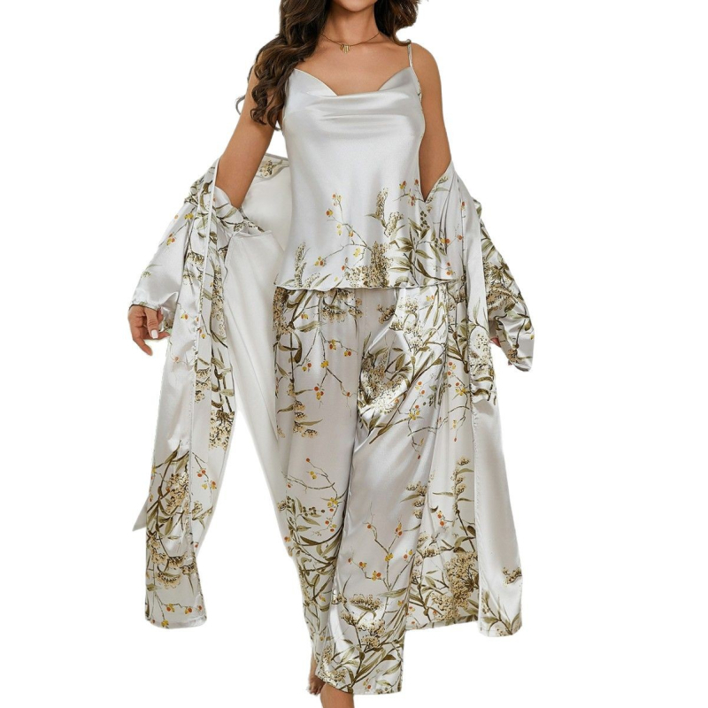Σετ τριών κομματιών για γυναίκες – Δυτικός στυλ, φλοράλ εκτύπωση, Camisole με V-λαιμό και μακριά παντελόνια, ψευδομεταξωτή ύφανση