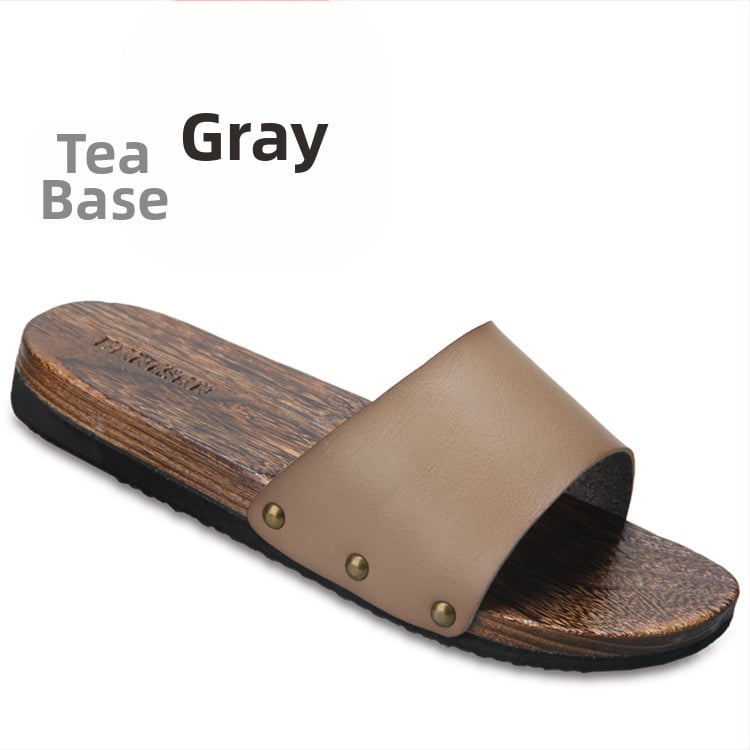 Férfiaknak szánt slide szandálok mikroszálas bőr felsőrésszel, fa talppal, nyitott hátsó résszel