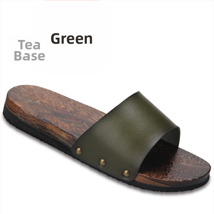 Férfiaknak szánt slide szandálok mikroszálas bőr felsőrésszel, fa talppal, nyitott hátsó résszel