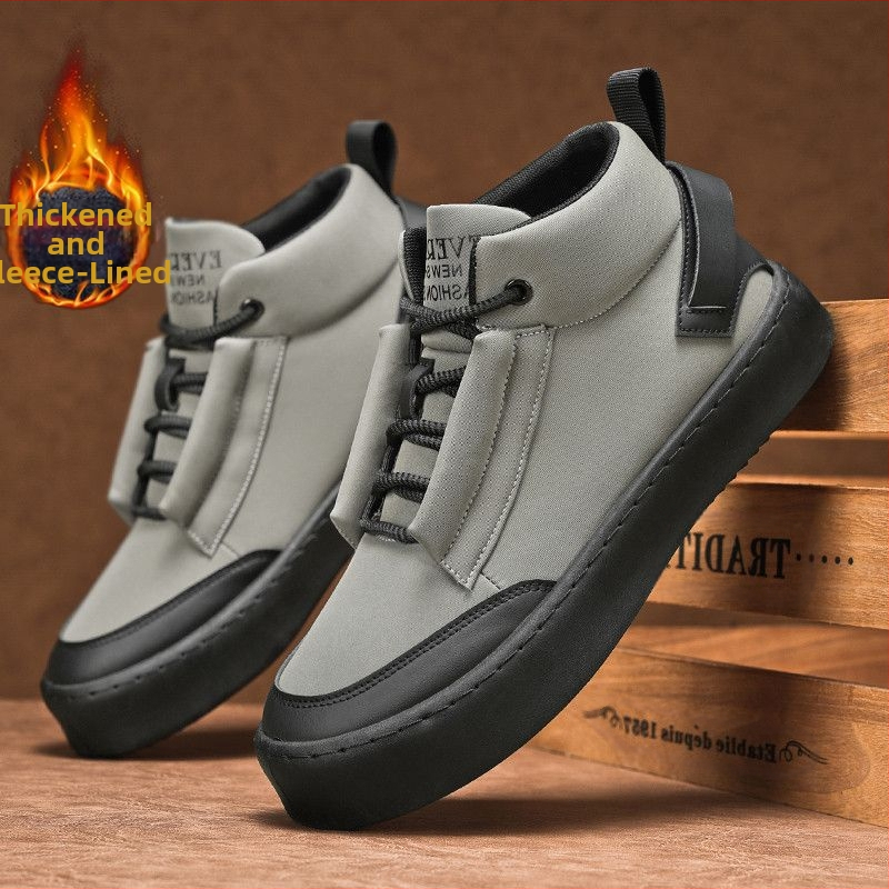 Χειμερινά Παπούτσια Καμβά Υψηλού Κορμού με Επένδυση Φλίς και Θερμές Εσωτερικές Σόλες, Ανδρικά Casual Παπούτσια σε Κορεατικό Στυλ