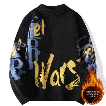 Ανδρικός πλεκτός πουλόβερ με crewneck – φλίς επένδυση, παχύς, άνετη γραμμή, ζακάρντ μοτίβο, ύφασμα Vinylon