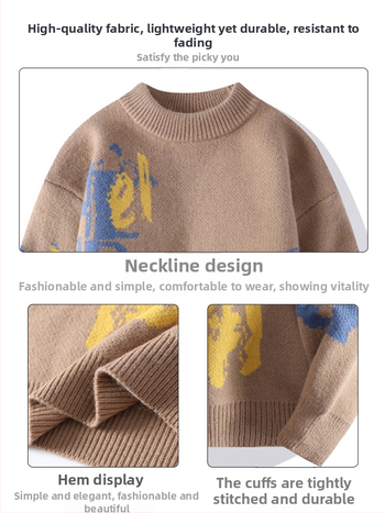 Ανδρικός πλεκτός πουλόβερ με crewneck – φλίς επένδυση, παχύς, άνετη γραμμή, ζακάρντ μοτίβο, ύφασμα Vinylon