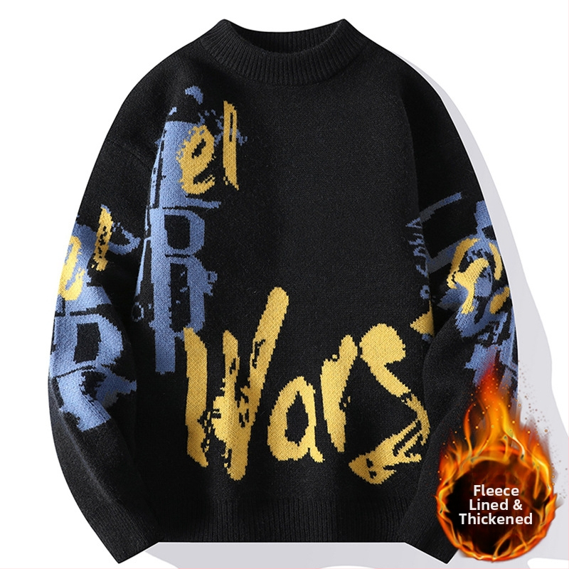 Ανδρικός πλεκτός πουλόβερ με crewneck – φλίς επένδυση, παχύς, άνετη γραμμή, ζακάρντ μοτίβο, ύφασμα Vinylon