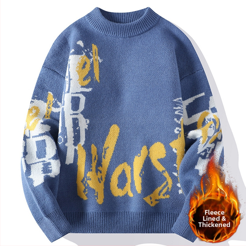 Ανδρικός πλεκτός πουλόβερ με crewneck – φλίς επένδυση, παχύς, άνετη γραμμή, ζακάρντ μοτίβο, ύφασμα Vinylon