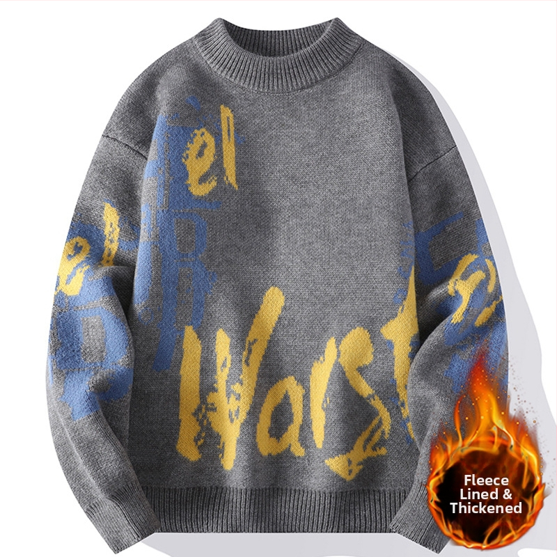 Ανδρικός πλεκτός πουλόβερ με crewneck – φλίς επένδυση, παχύς, άνετη γραμμή, ζακάρντ μοτίβο, ύφασμα Vinylon