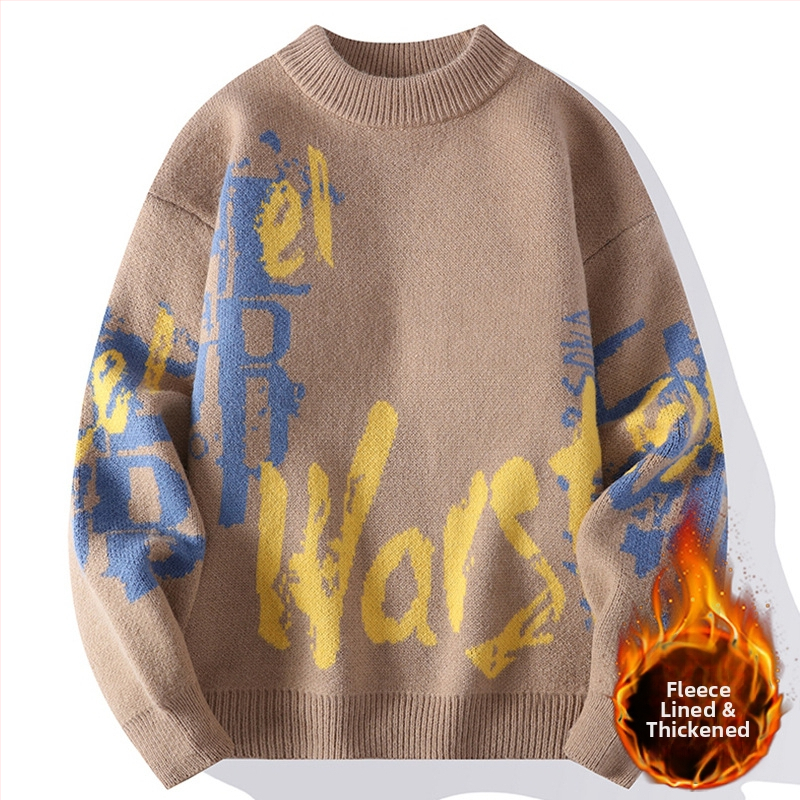 Ανδρικός πλεκτός πουλόβερ με crewneck – φλίς επένδυση, παχύς, άνετη γραμμή, ζακάρντ μοτίβο, ύφασμα Vinylon