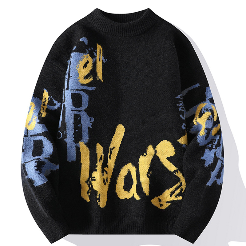 Ανδρικός πλεκτός πουλόβερ με crewneck – φλίς επένδυση, παχύς, άνετη γραμμή, ζακάρντ μοτίβο, ύφασμα Vinylon