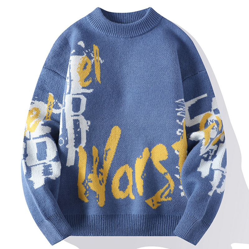 Ανδρικός πλεκτός πουλόβερ με crewneck – φλίς επένδυση, παχύς, άνετη γραμμή, ζακάρντ μοτίβο, ύφασμα Vinylon