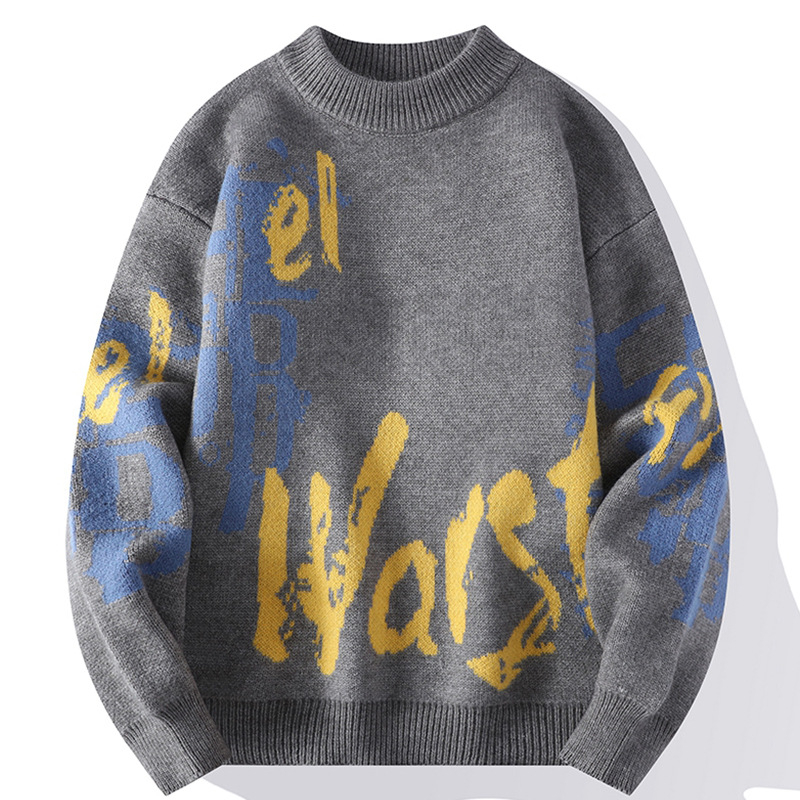 Ανδρικός πλεκτός πουλόβερ με crewneck – φλίς επένδυση, παχύς, άνετη γραμμή, ζακάρντ μοτίβο, ύφασμα Vinylon