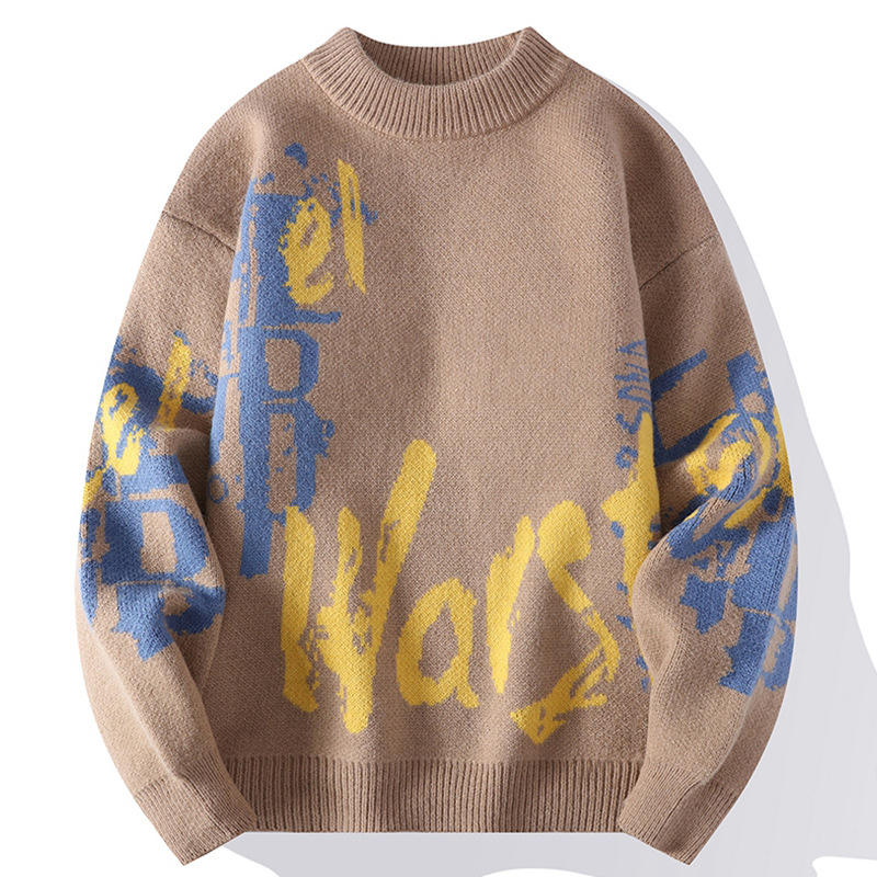 Ανδρικός πλεκτός πουλόβερ με crewneck – φλίς επένδυση, παχύς, άνετη γραμμή, ζακάρντ μοτίβο, ύφασμα Vinylon